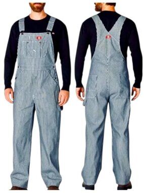 Dickies Railroad Pinstripe Overalls 38x29 Raw Hems Blue White